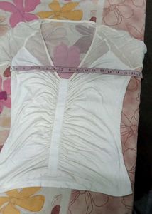 Chic White Ruched Mesh Top