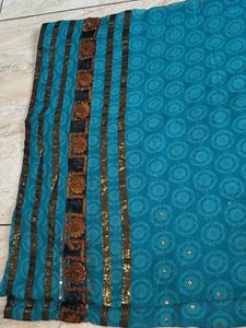 Beautiful Teal Saree with Gold &amp; Brown Embellishme