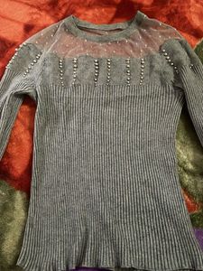 Gray Ribbed Knit Top with Pearl Detail