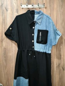 Colorblock Denim &amp; Black Button-Up Dress