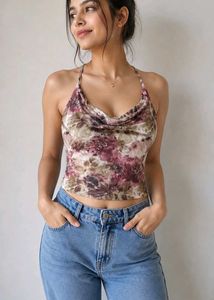 L size SHEIN Floral Halter Neck Crop Top
