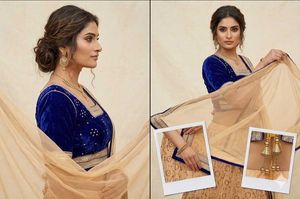 Elegant Royal Blue Velvet Blouse &amp; Net Lehenga