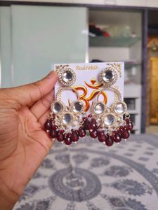 Maroon Kundan &amp; Crystal Drop Earrings
