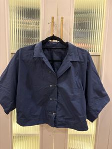 Navy Blue Cropped Button-Up Shirt