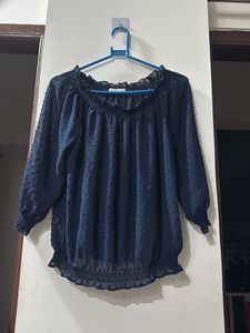 Mango Navy Blue Smocked Top