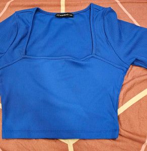 Blue Square Neck Long Sleeves Slim Fit Crop Tee