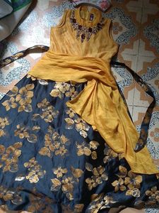 Elegant Yellow & Black Floral Gown