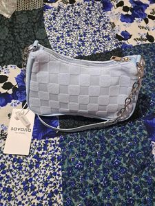 Light Blue Woven Chain Shoulder Bag
