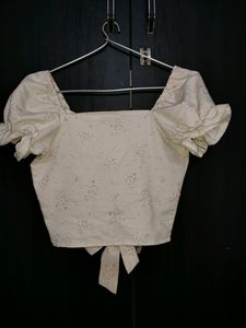 Puff Sleeve Off White Front Knot Top