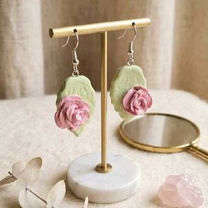 Cute Pink Rose Leaf Earrings
