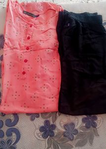 Stylish Peach Printed Kurta with Black plazo.