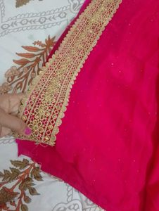 rani colour saree with Golden Border