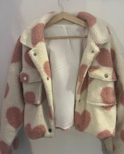 Cozy cropped y2k Heart Print Teddy Jacket