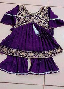 Kids Purple Embroidered Sharara Suit