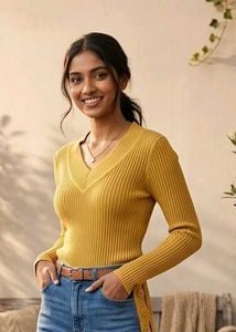 Mustard Yellow V-Neck Ribbed Top