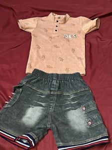 Boys Peach Printed T-Shirt and Denim Shorts Set