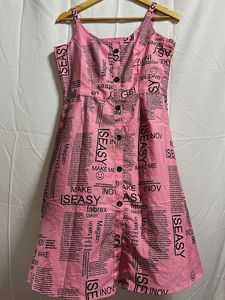 Cute Pink Newspaper Print Button-Front Dress
