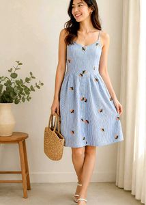 Chic Blue Striped Floral Summer Dress Size-28