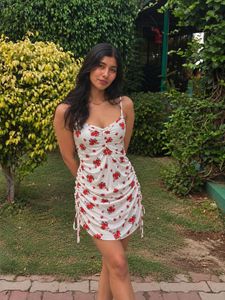 White Ruched Floral Mini Dress