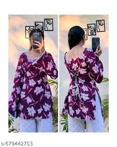 Purple Floral Print Kurta with Lace_S