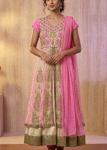 Pink &amp; Cream Floral Net Anarkali
