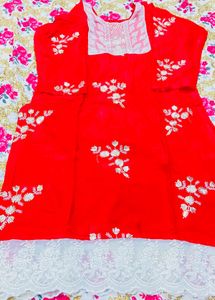 Red &amp; White Chikankari Kurta Set