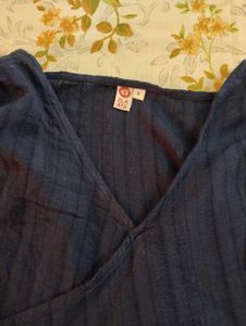 zlaata Navy Blue V-Neck Ribbed Top with free 🎁