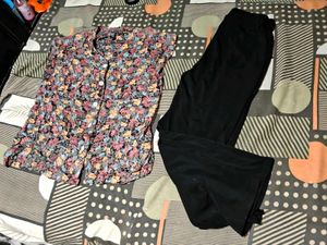 Floral Print Button-Up Top with Black Pants