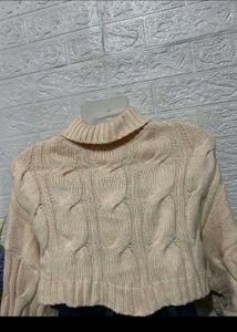 Cream Cable Knit Turtleneck Cropped Sweater