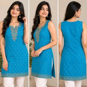 Elegant Blue Kurta with Embellished Neckline