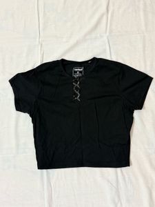 Black Lace-Up Detail T-Shirt