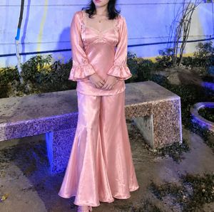 Pink Satin Lace Trimmed Puff Sleeve Top