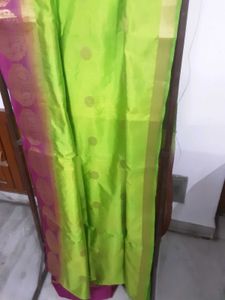 Vibrant Lime Green Saree with Pink Border