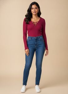 Ribbed Crimson Long Sleeve Top