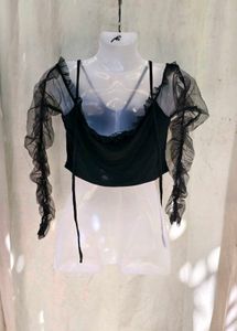 31279. Chic Black Mesh Off-Shoulder Crop Top
