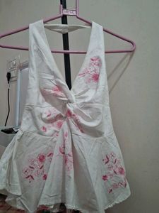 Chic White Halter Top with Pink Floral Embroidery