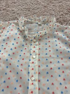 Sheer Heart Print Ruffle Neck Blouse