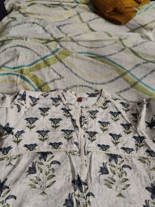 White Kurta with Blue Floral Print