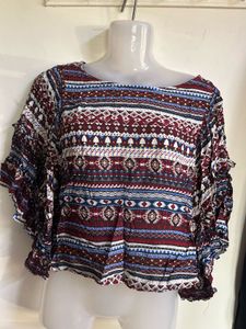 Boho Geometric Print Flutter Sleeve Top