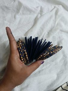 Navy Blue &amp; Gold Embellished Bangles Set