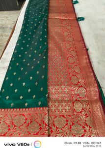 Elegant Green Saree with Red &amp; Gold Border