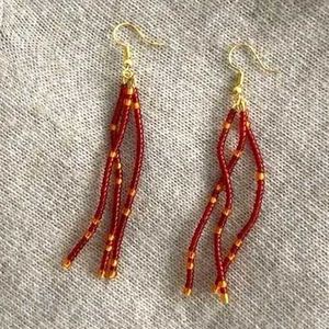 Red & Gold Beaded Dangle Earrings
