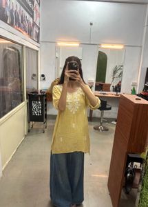 Chic Casual Yellow Kurti with Delicate White Threa