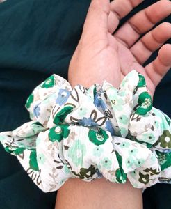 Green Floral Scrunchie Hair Tie