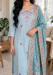 Light Blue Embroidered Kurta with Dupatta