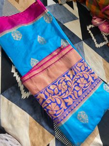 Vibrant Blue Silk Saree with Pink Border
