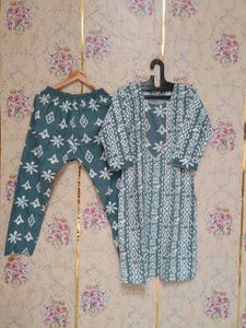 🇳🇿💫🎀Stylish Teal &amp; White Printed Kurta Set