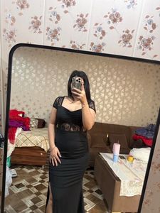 Elegant Black Lace Detail Maxi Dress🦋🎀
