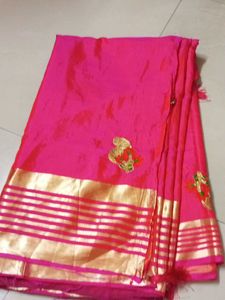Vibrant Pink Silk Saree with Gold Border