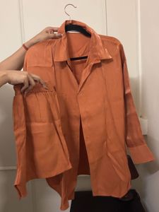 Coord Set Orange Satin Shirt and Shorts